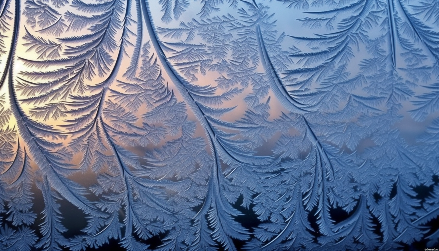 Intricate frost patterns on a window during a cold winter morning.