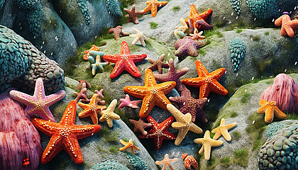 A colony of vibrant starfish on a rocky seashore.