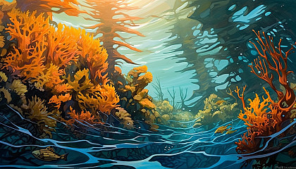 Vibrant kelp forests swaying in the ocean currents.