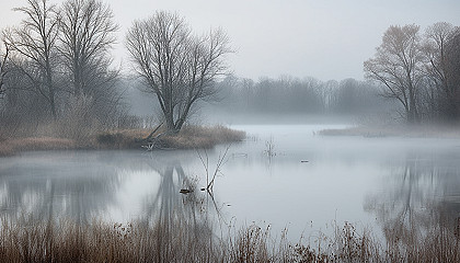 Serene, mist-covered lakes reflecting the surrounding landscape.