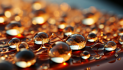 A close-up of dewdrops on a spiderweb, reflecting the morning sun.