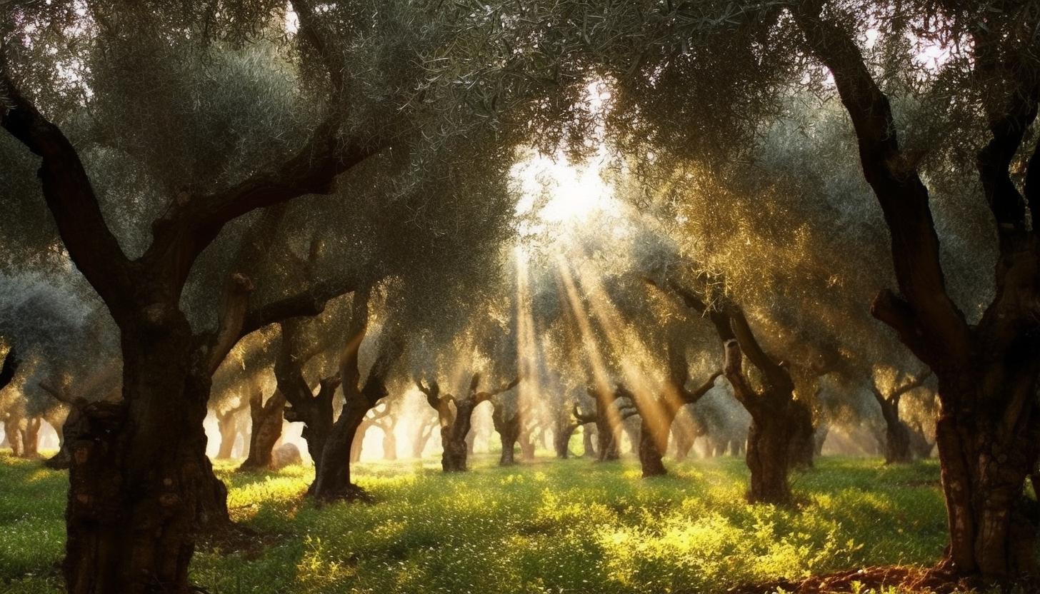 Dappled sunlight shining through a dense grove of olive trees.