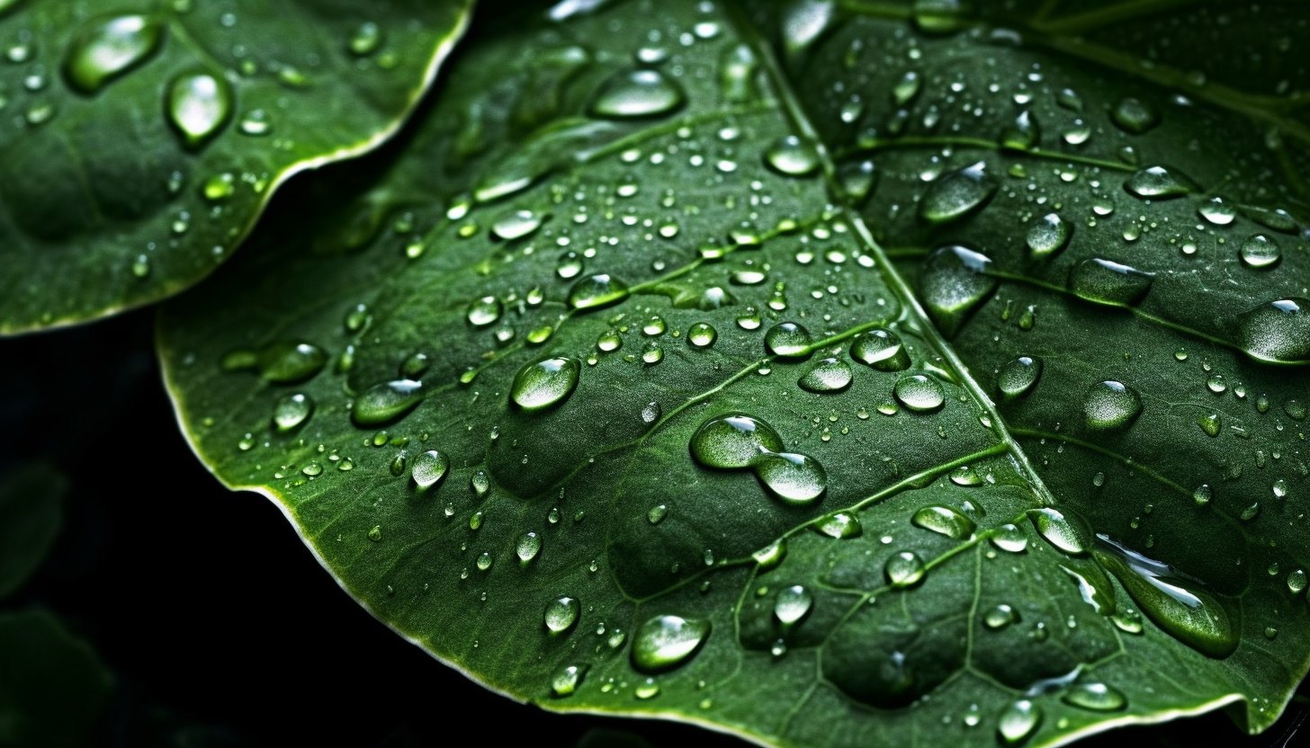 Glistening dew drops on a vibrant green leaf.