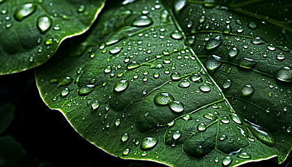 Glistening dew drops on a vibrant green leaf.