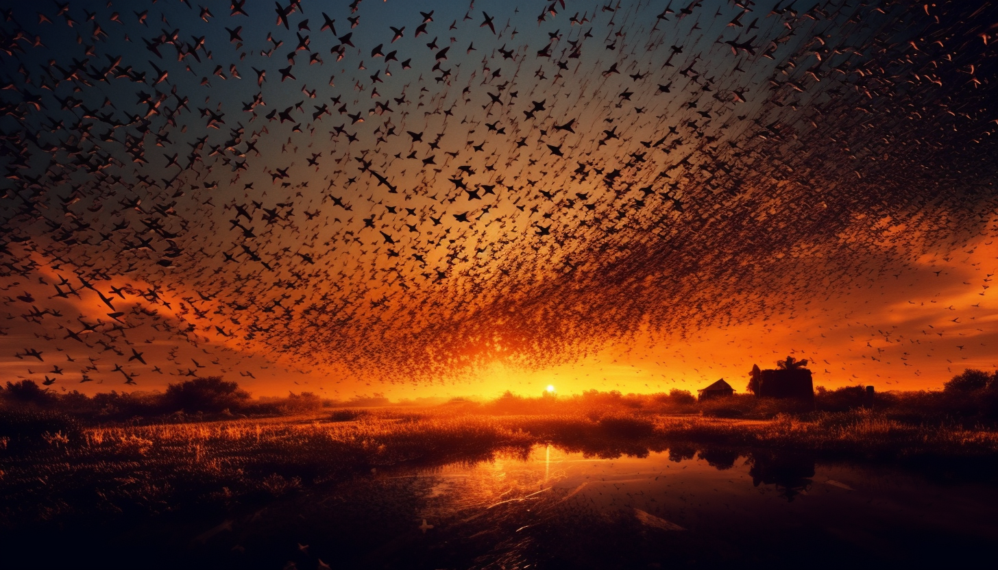 A murmuration of starlings creating fluid shapes in the sky.