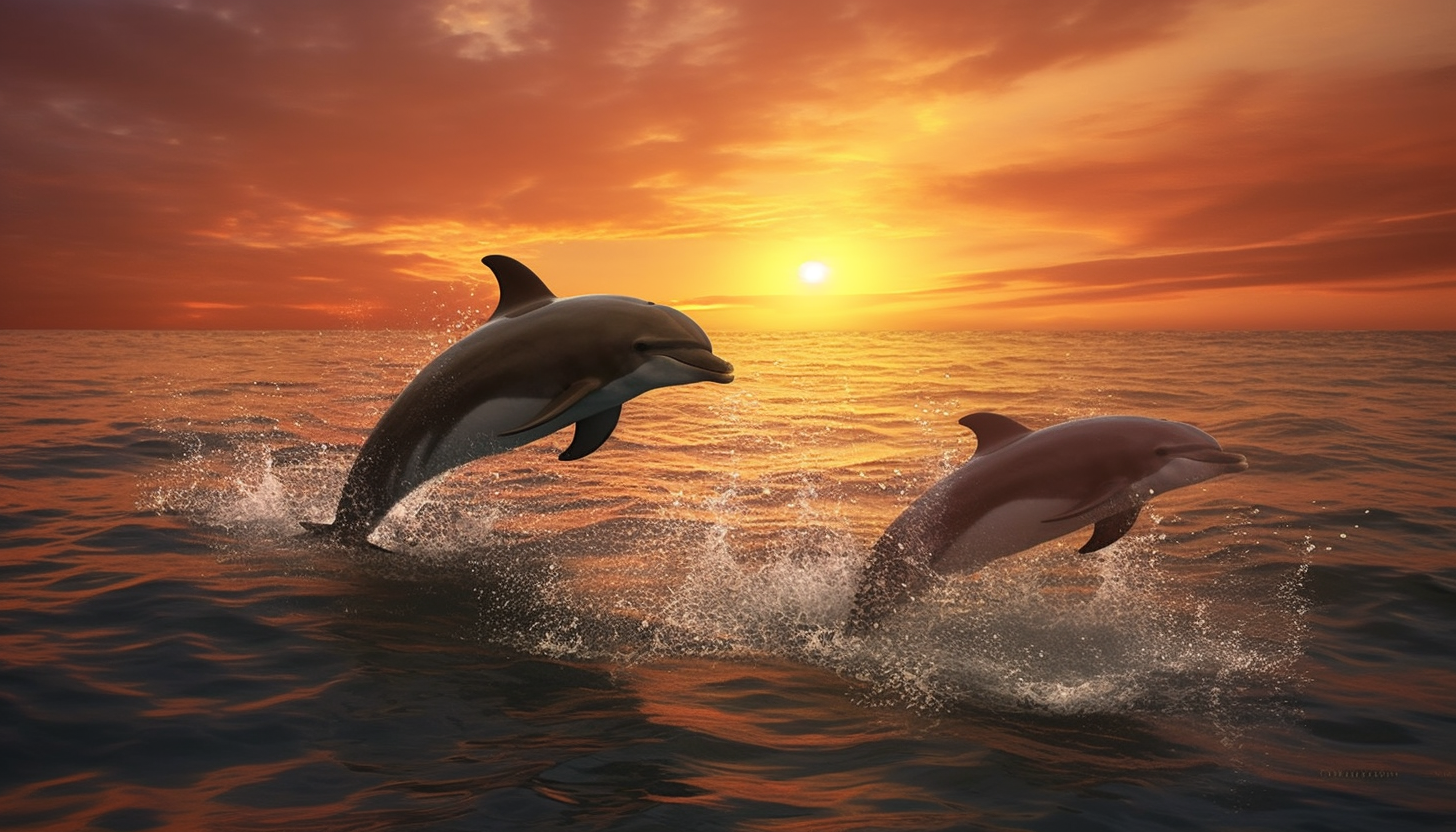 A pod of dolphins leaping in unison against a sunset horizon.