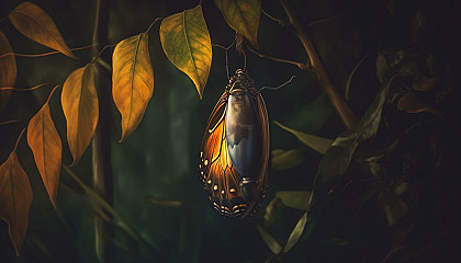 A fragile cocoon attached to a leaf, a butterfly's transformation in progress.