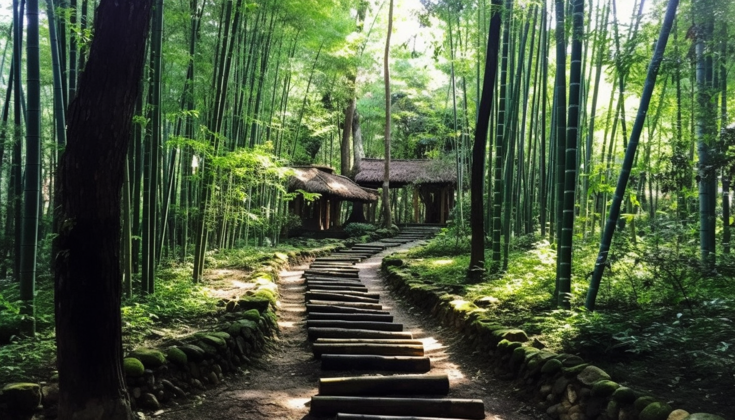 A path winding through tall bamboo groves.