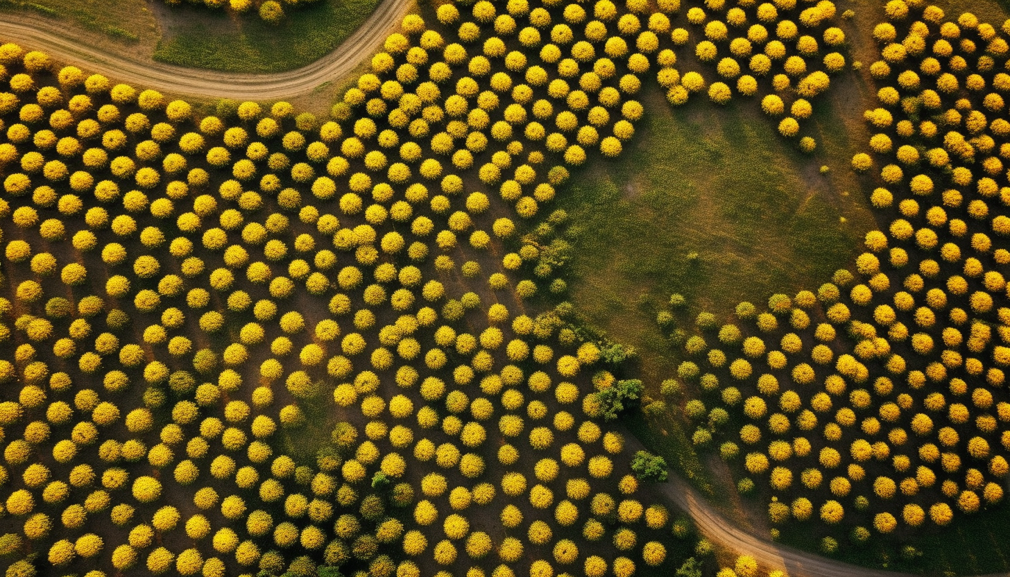 Patterns in a sunflower field seen from above.