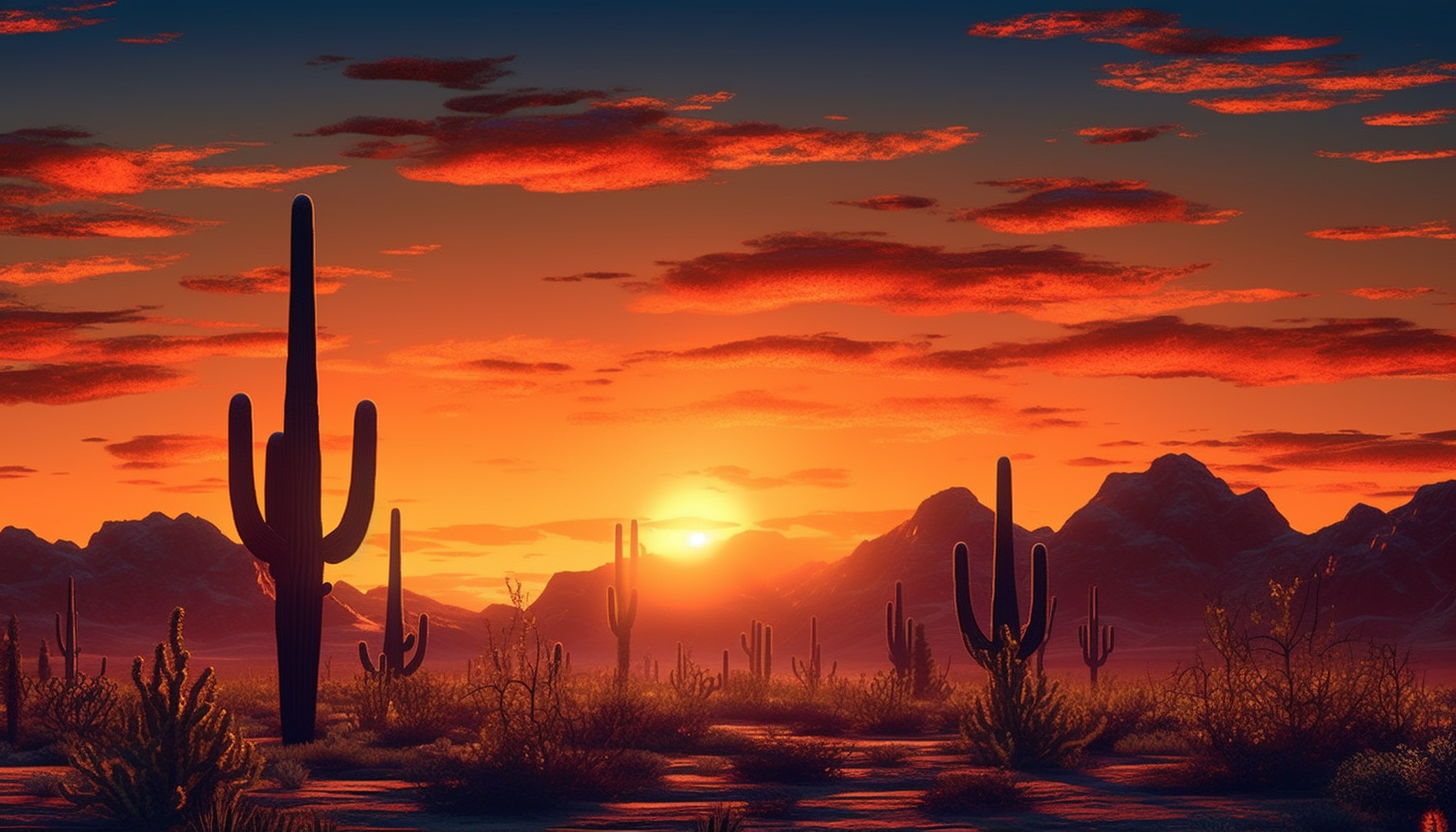 The silhouette of cacti against a vibrant desert sunset.