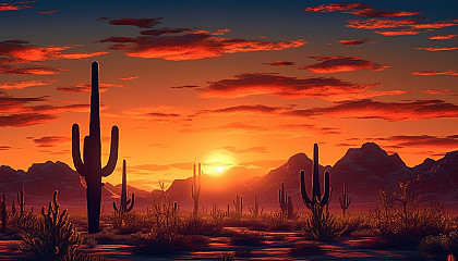 The silhouette of cacti against a vibrant desert sunset.