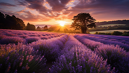 The sun setting behind a field of lavender in bloom.