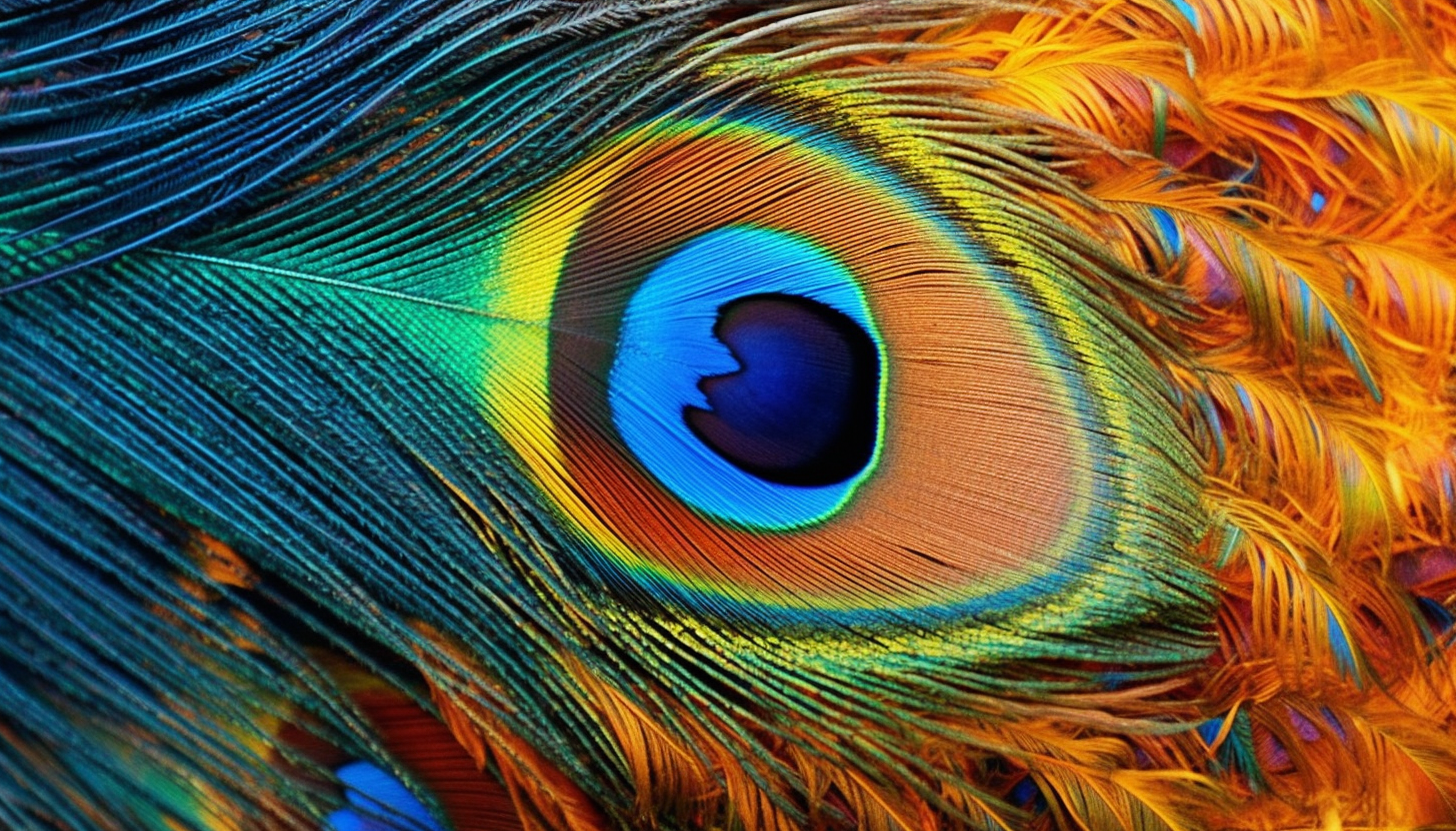 Swirls of colors in a peacock feather close-up.