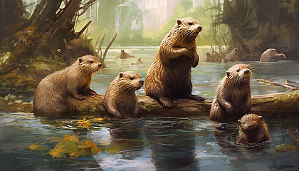 A family of otters playing by a riverside.