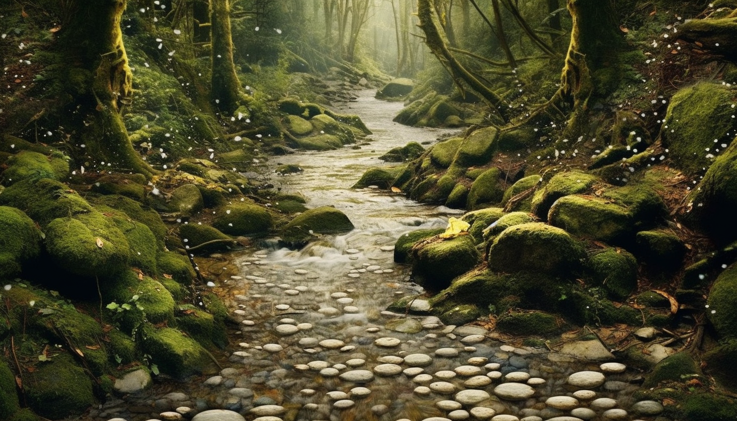 A meandering brook cascading over pebbles in a forest.