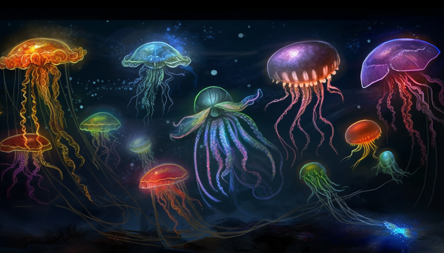 A constellation of bioluminescent creatures under the sea.