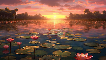 A tranquil lotus pond reflecting the colors of a summer sunset.