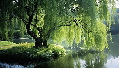 A graceful willow tree leaning over a tranquil pond.