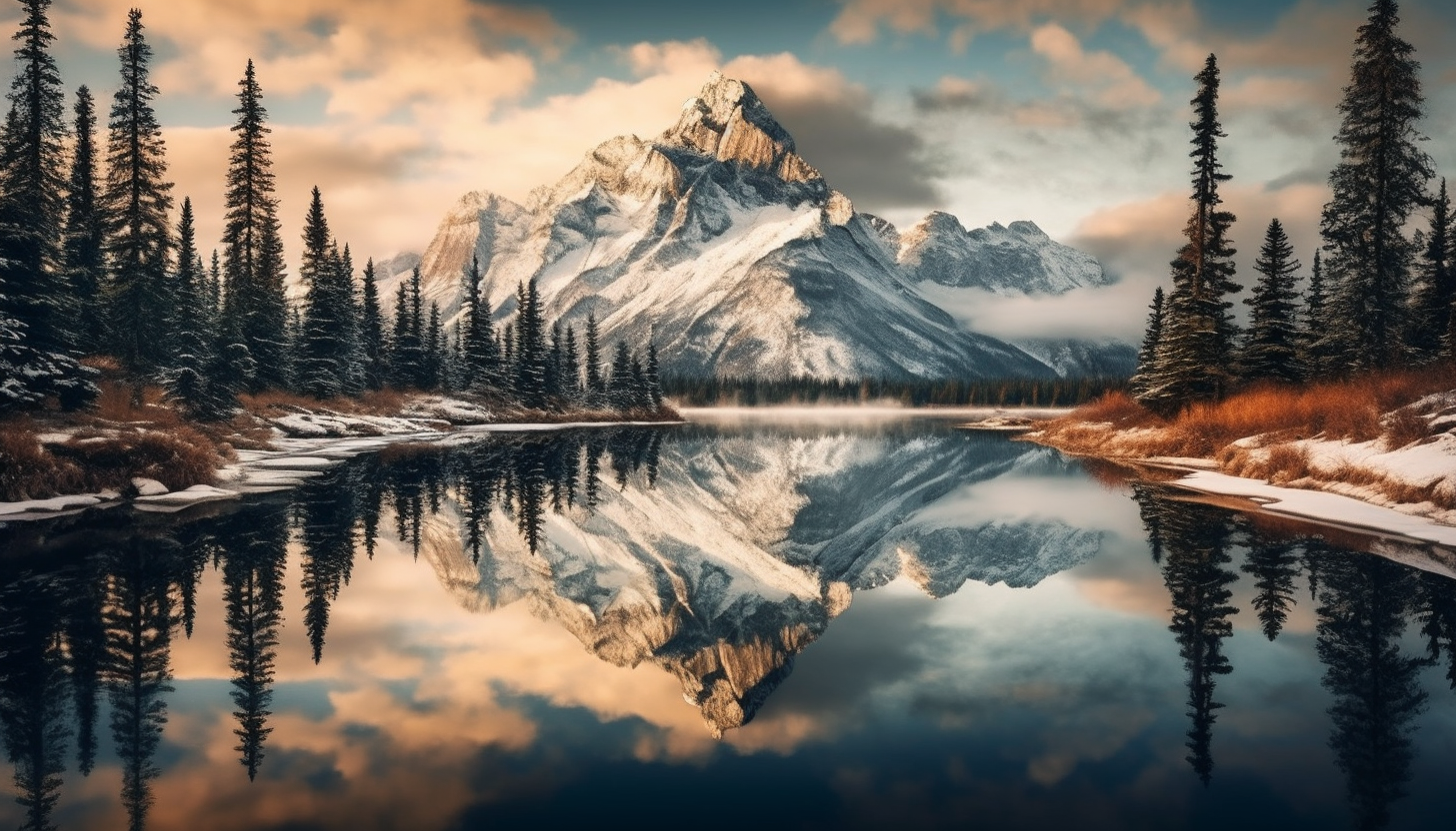 Tranquil reflections of mountains and clouds on a mirror-like lake.