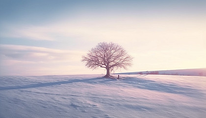 A solitary tree standing in the midst of a snow-covered field.