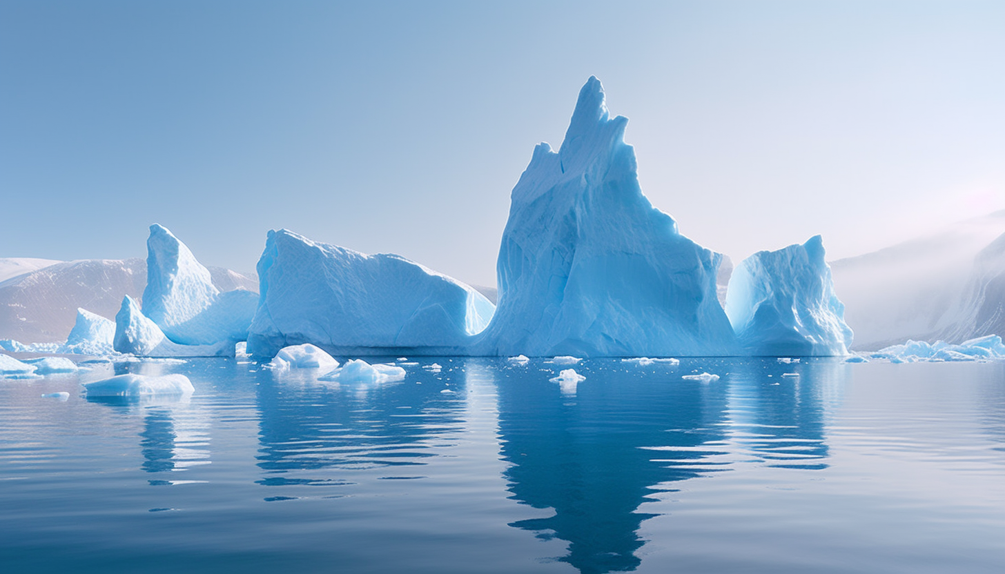 Towering icebergs floating in a chilly, Arctic sea.