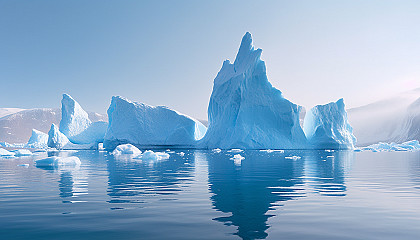 Towering icebergs floating in a chilly, Arctic sea.