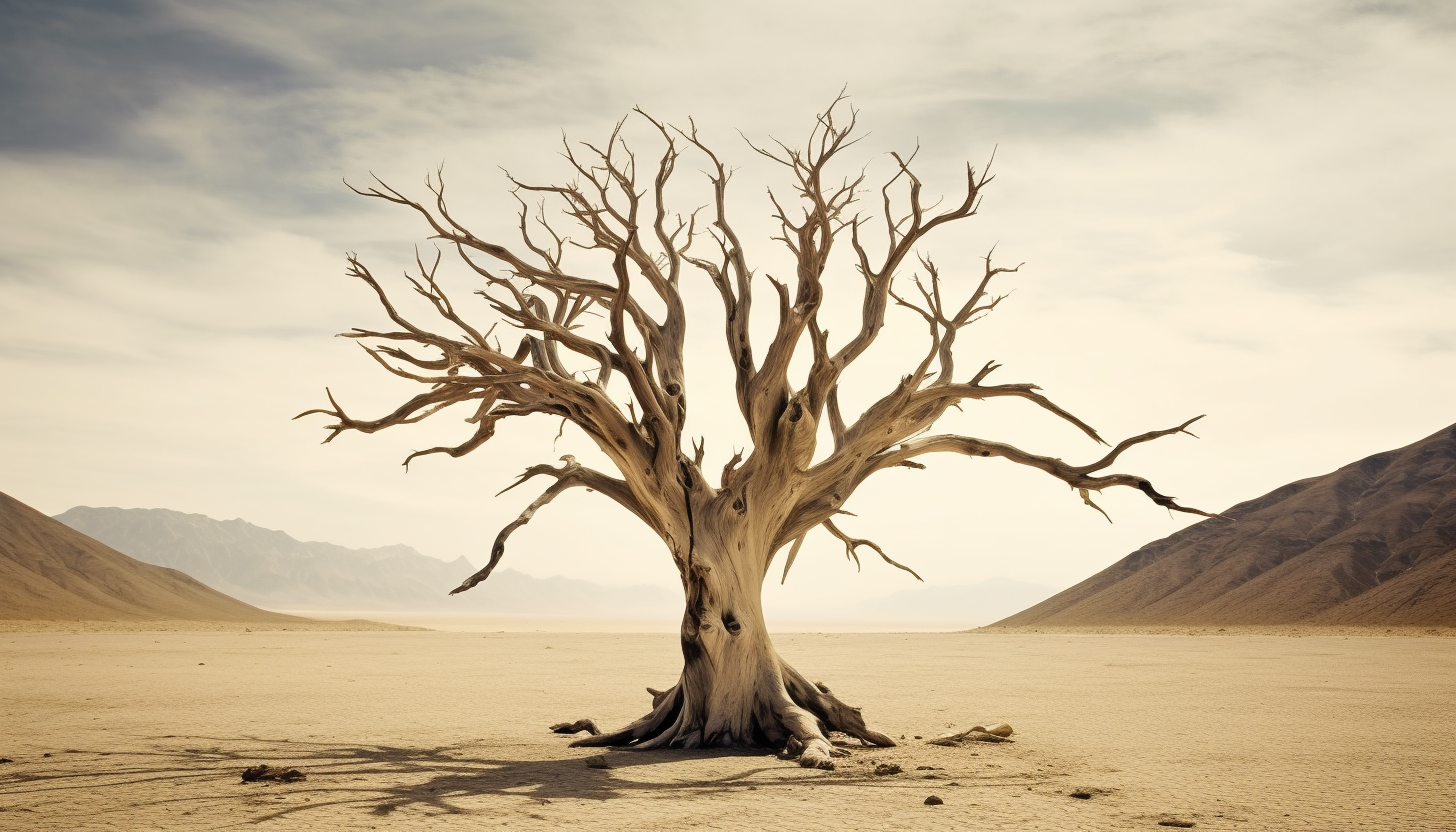 The eerie beauty of a dead tree in a barren landscape.