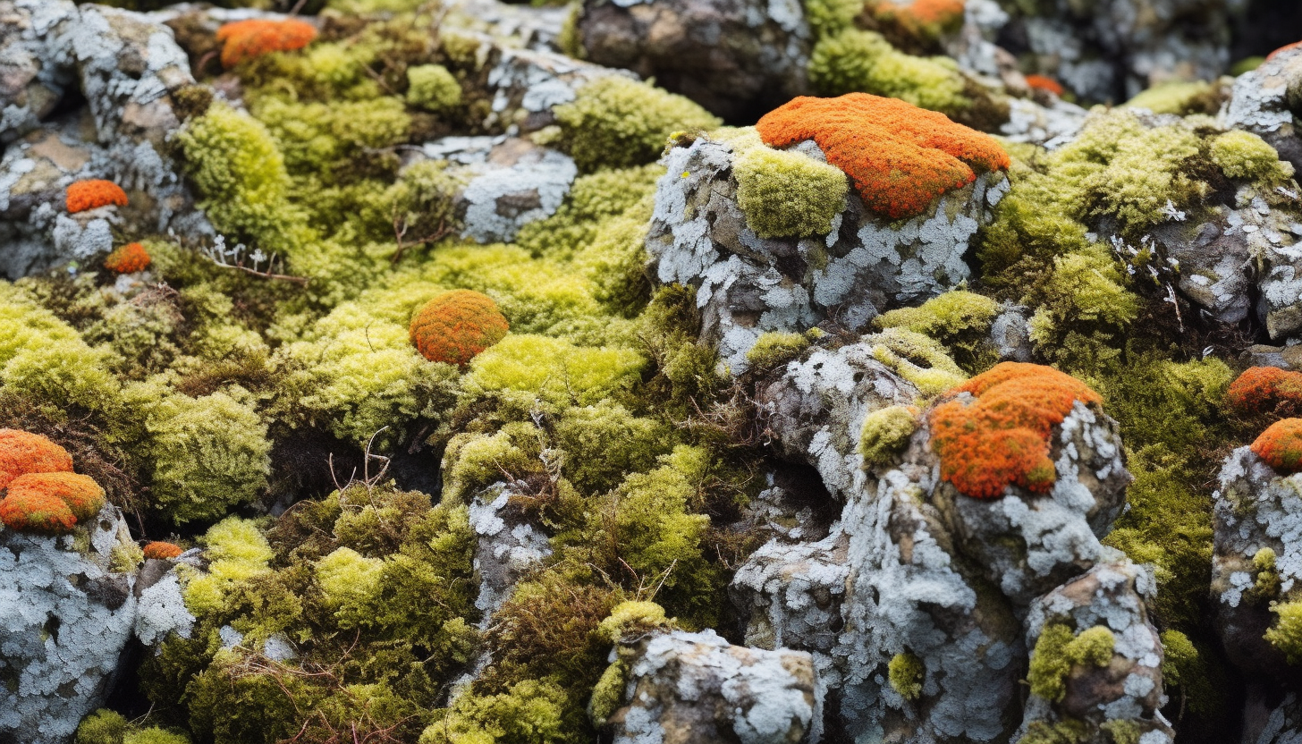 Brightly colored lichen growing on rocks in vibrant patterns.