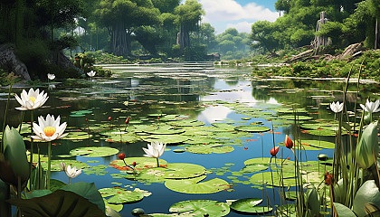 A tranquil pond filled with water lilies and lotus flowers.