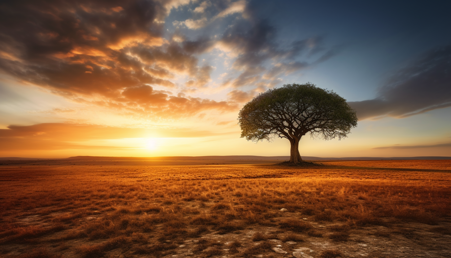 A solitary tree standing tall on the horizon as the sun sets.