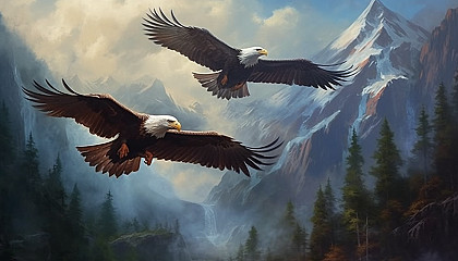 Majestic eagles soaring above misty mountain peaks.