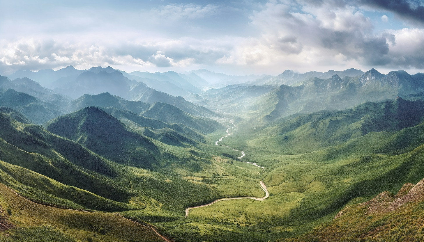 A panoramic view from a mountaintop, overlooking vast valleys and ranges.