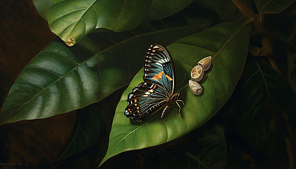 A fragile cocoon attached to a leaf, a butterfly's transformation in progress.