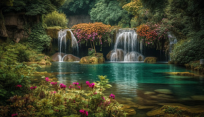 Serene waterfalls surrounded by lush greenery and colorful flowers.