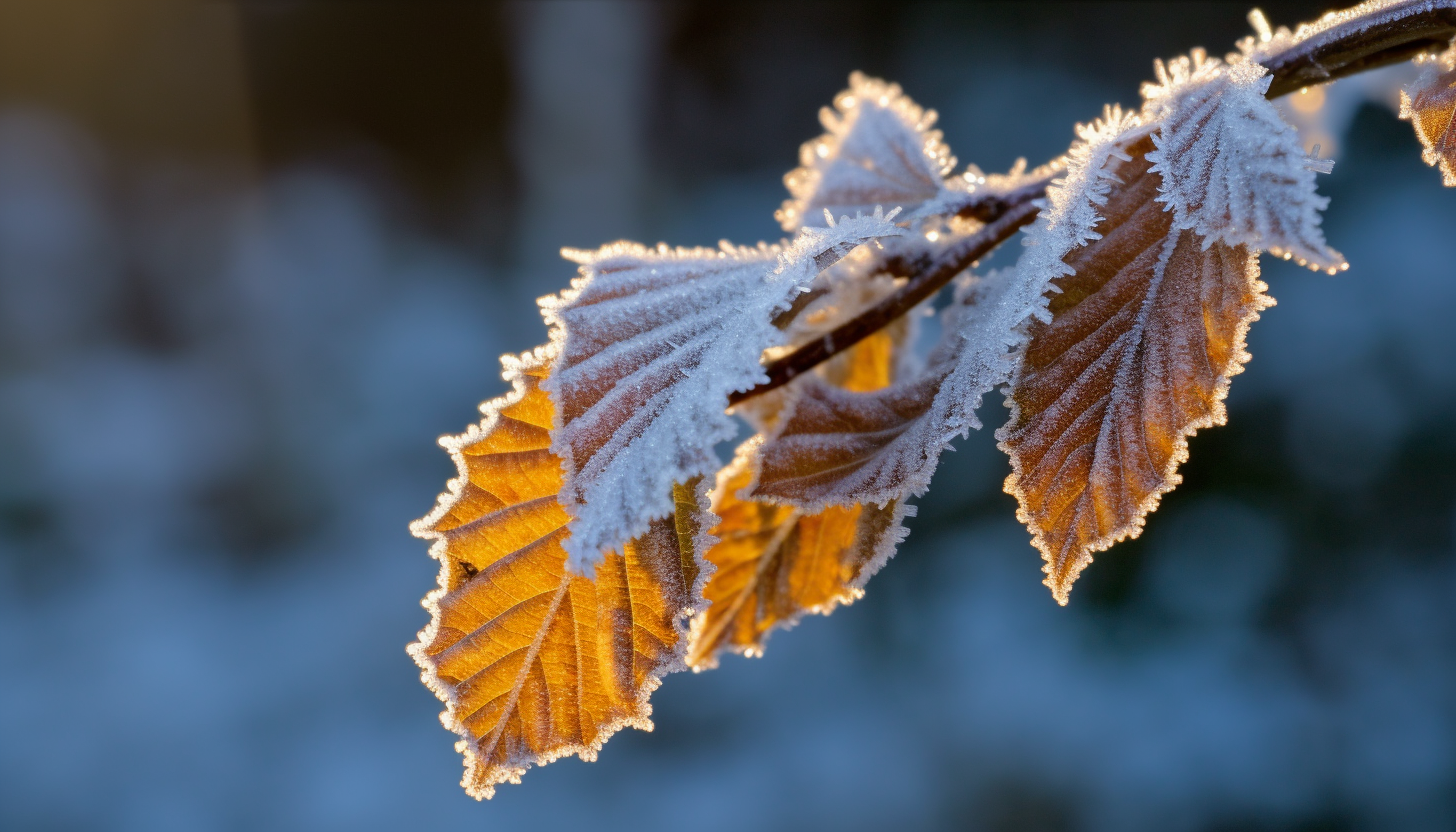 Frosted leaves sparkling under the winter sun.