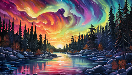 The Northern or Southern Lights dancing across the sky in an array of colors.