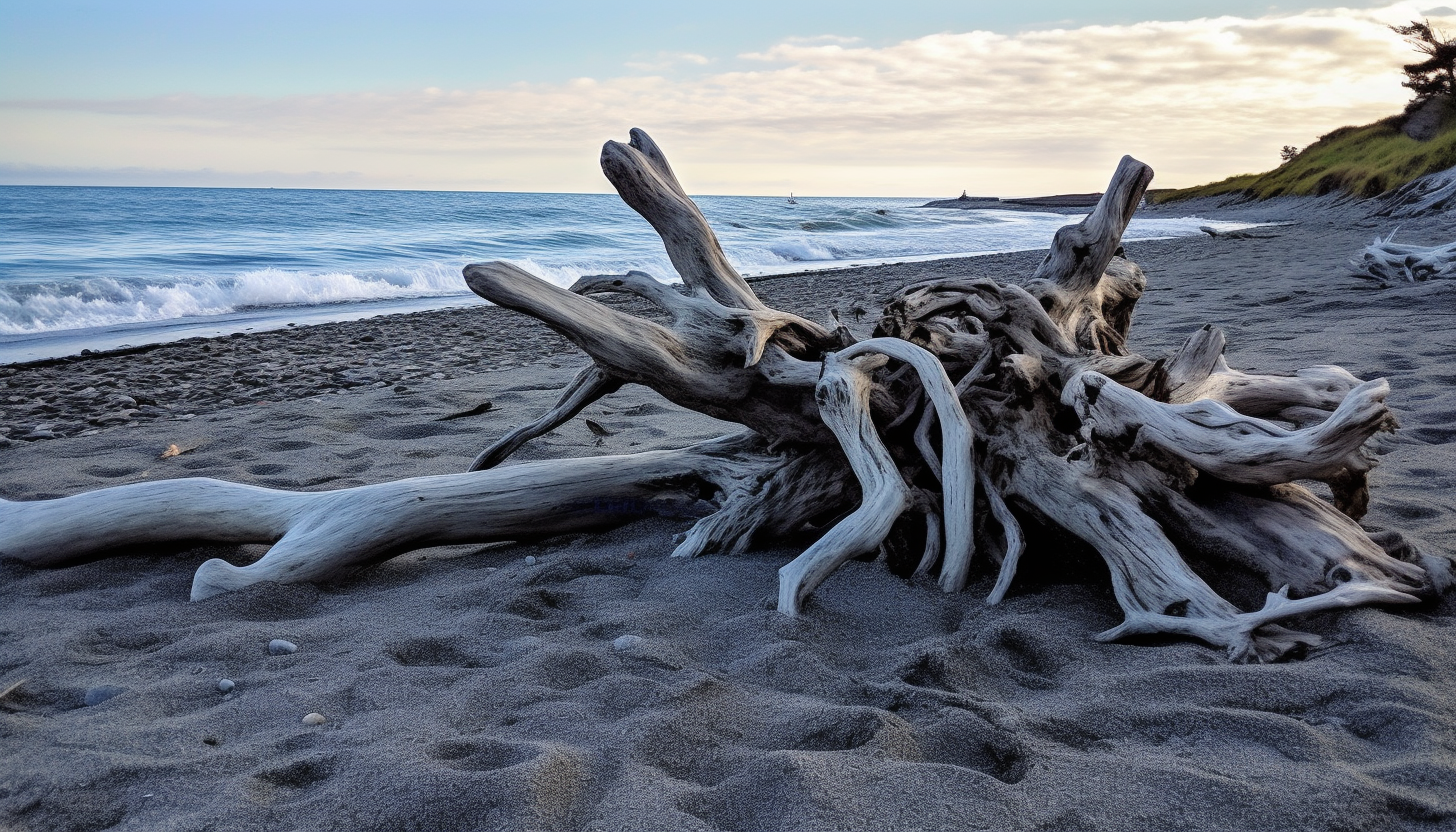 Driftwood strewn across a deserted beach.