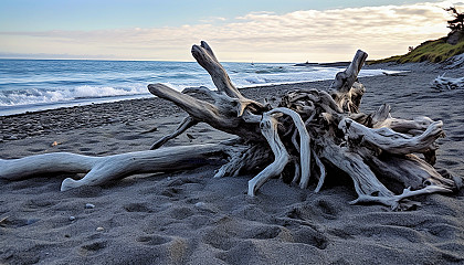 Driftwood strewn across a deserted beach.