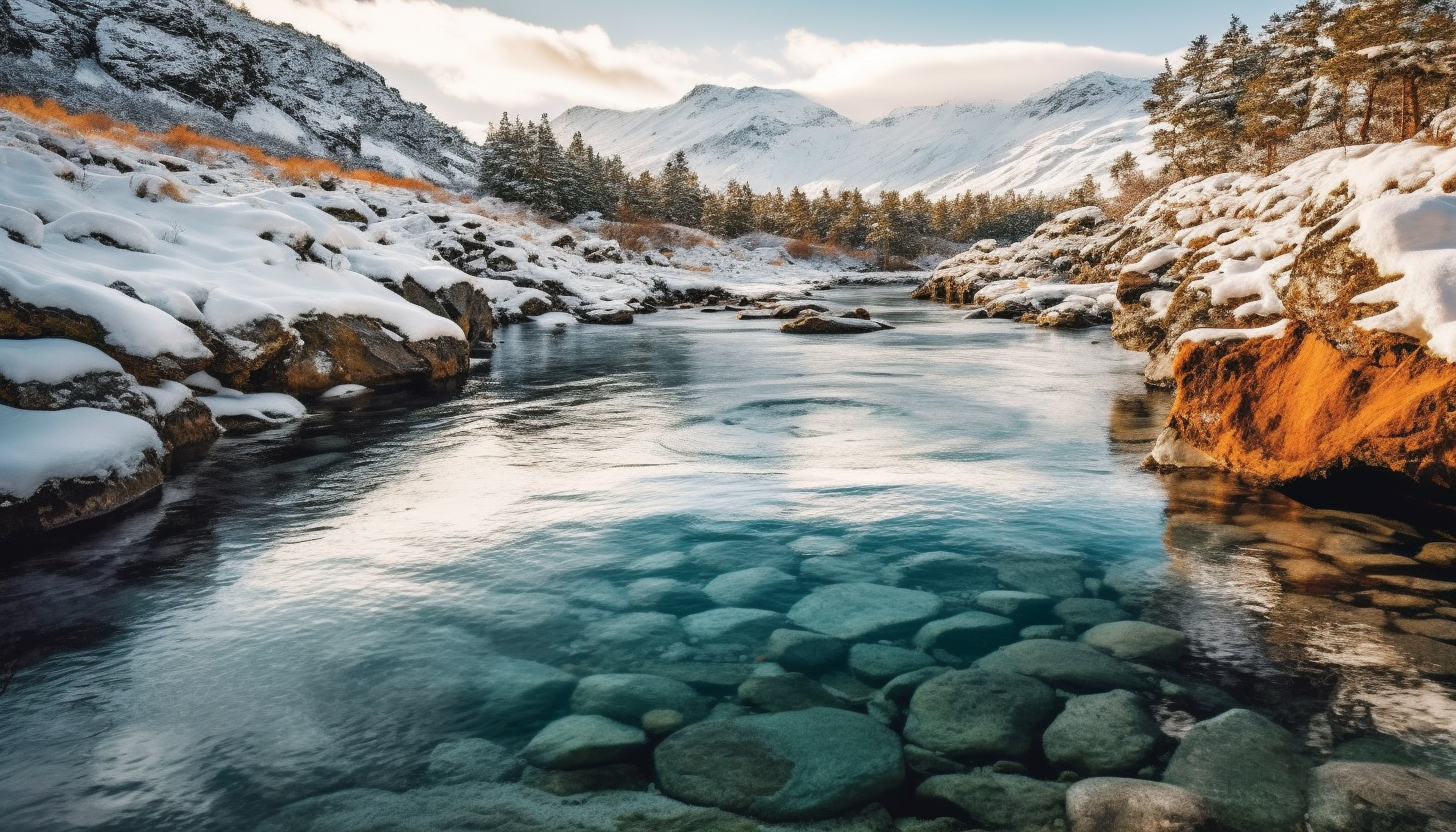 Secluded natural hot springs nestled in snow-covered mountains.