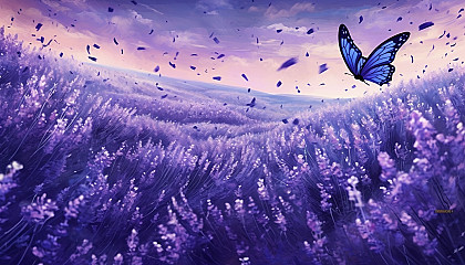 Fluttering butterflies over a field of blooming lavender.