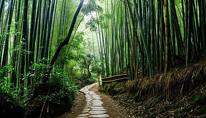 A narrow trail winding through a dense bamboo forest.