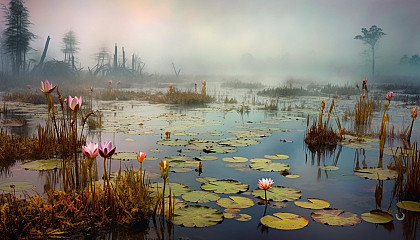 A misty marshland teeming with reeds and water lilies.