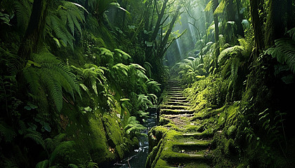 A zigzag path leading through dense ferns to a hidden waterfall.