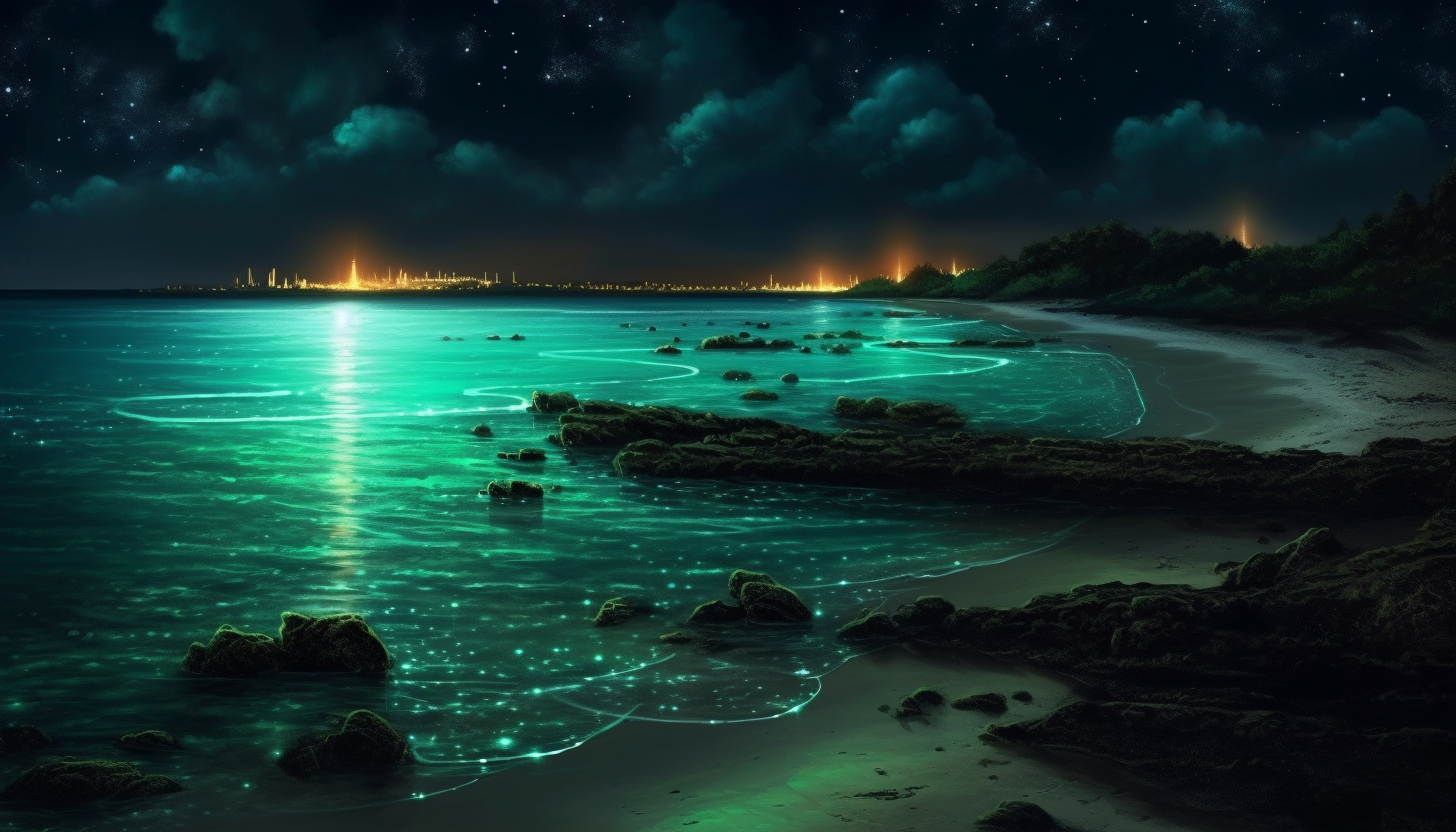 Bioluminescent plankton illuminating a beach at night.