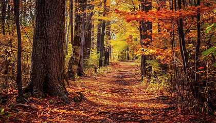 Vibrant autumn leaves carpeting a secluded forest trail.