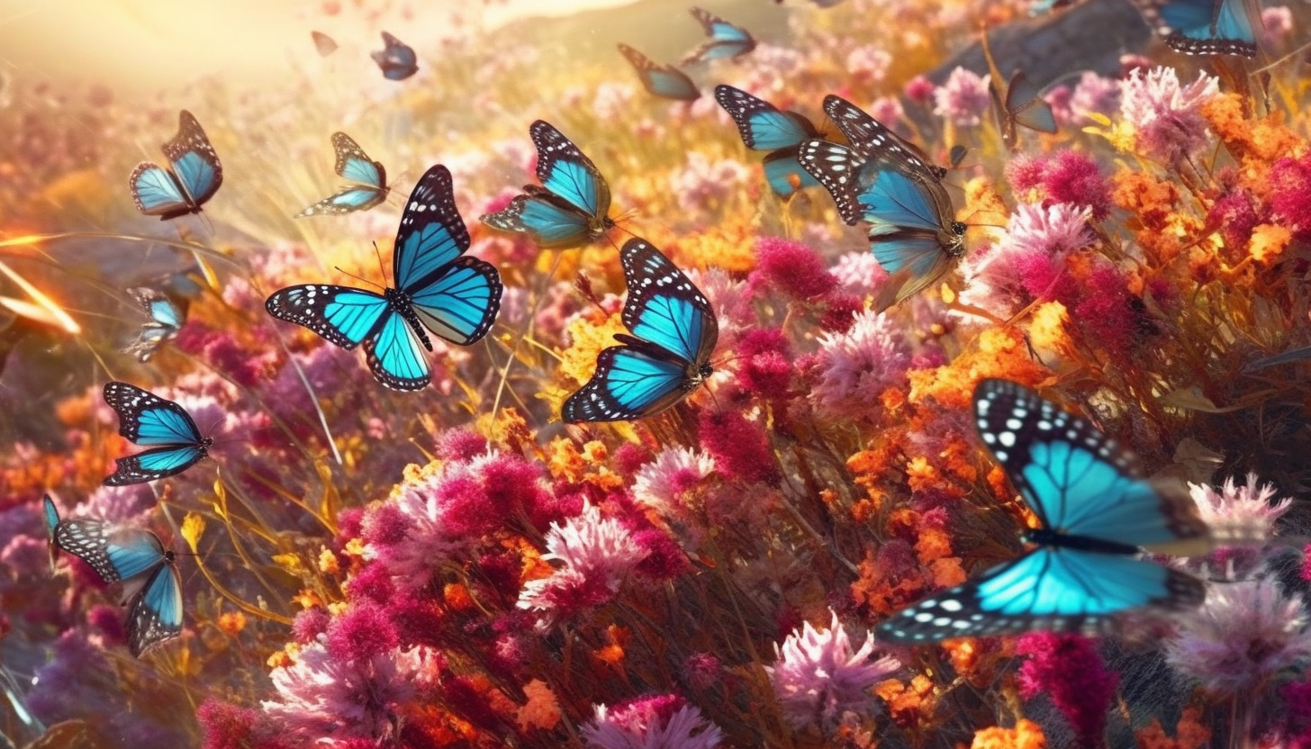 A kaleidoscope of butterflies fluttering over a field of flowers.