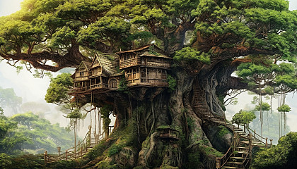 A sturdy treehouse nestled high in the branches of an ancient tree.