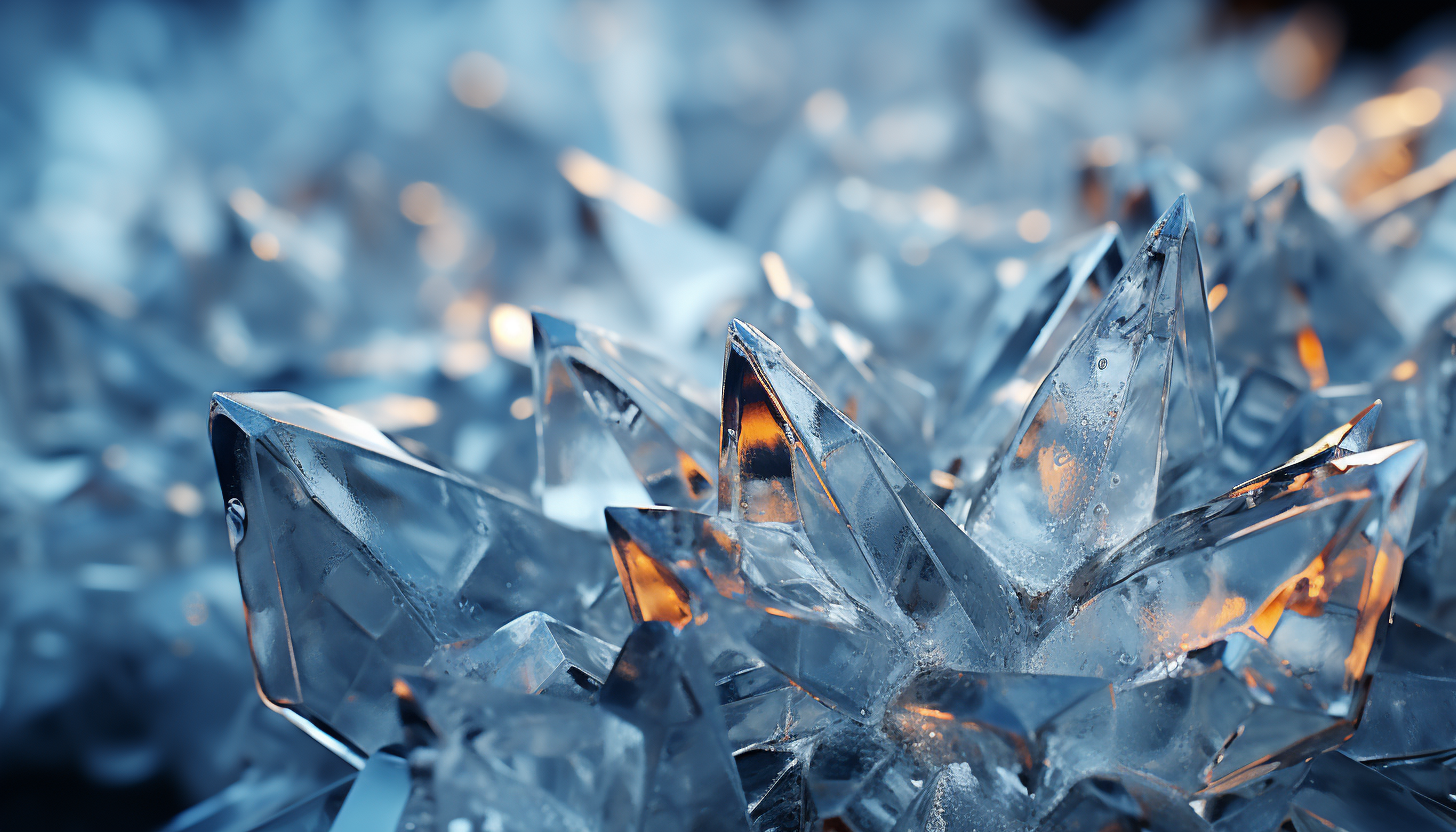 Macro view of ice crystals forming unique geometric designs.