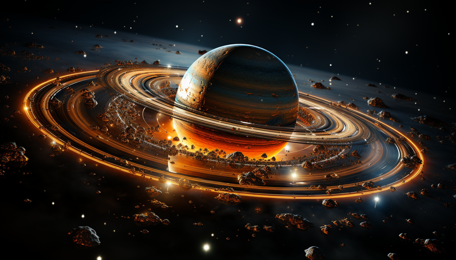 The rings of Saturn, detailed through a high-powered lens.