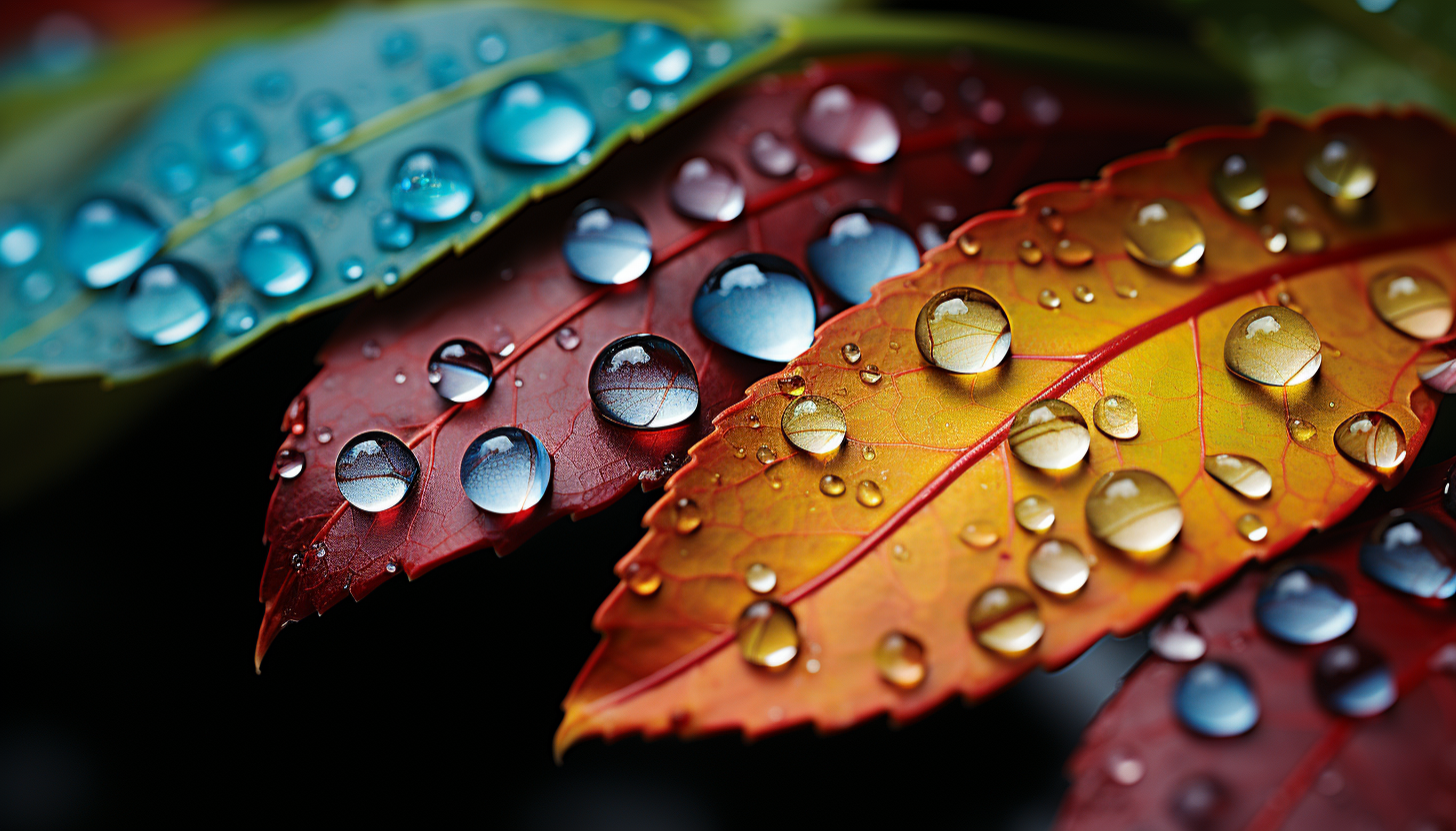 Close-up of dewdrops reflecting a rainbow of colors on a leaf.